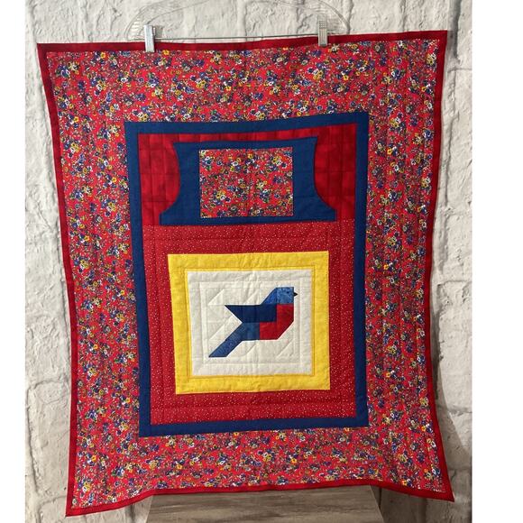 Wall Quilt Decorative Red Blue Handmade Quilt 31” x 38” - Picture 2 of 7